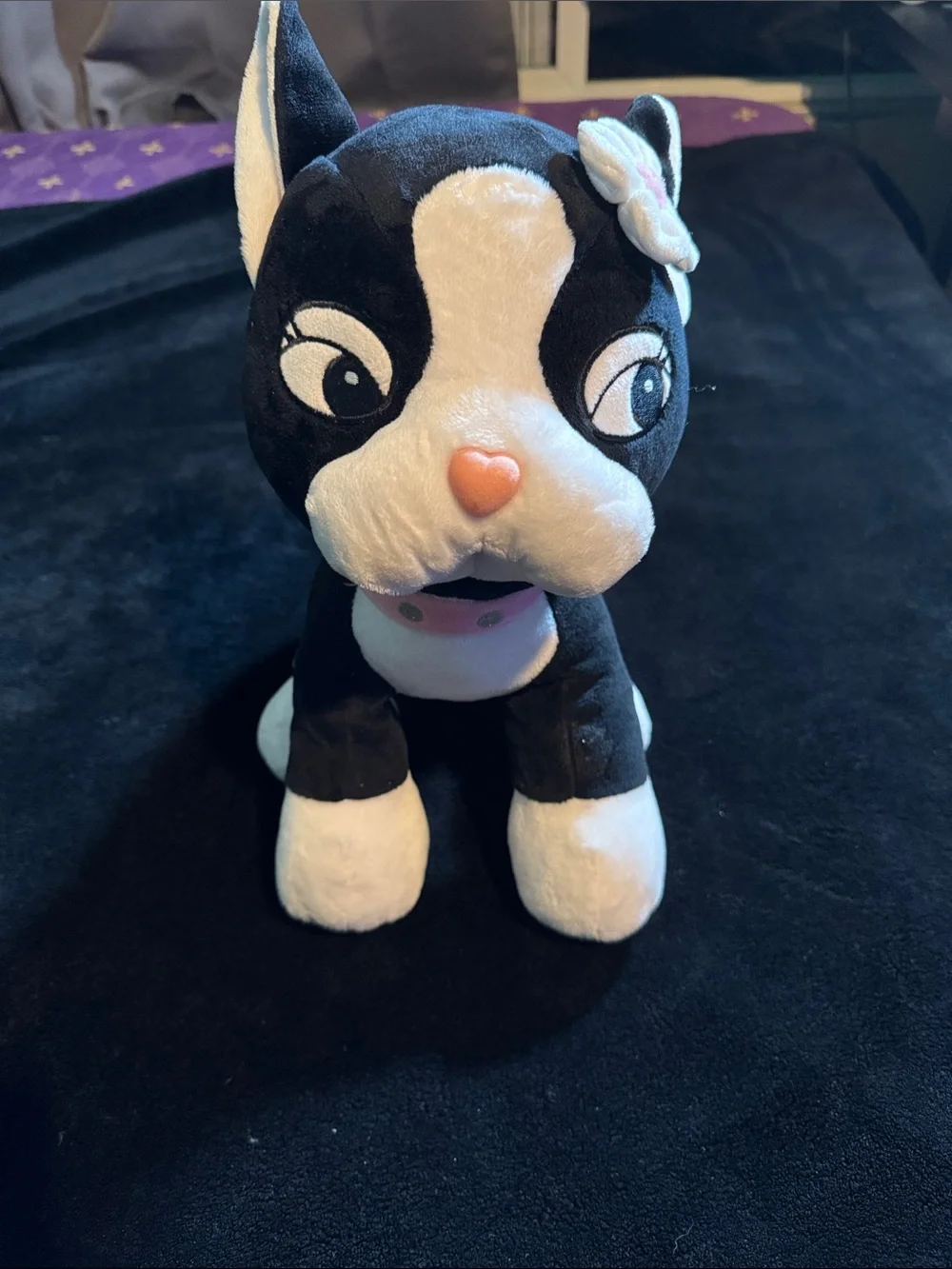 Build-A-Bear Black and White Plush Cat with Pink Heart Nose and Flower